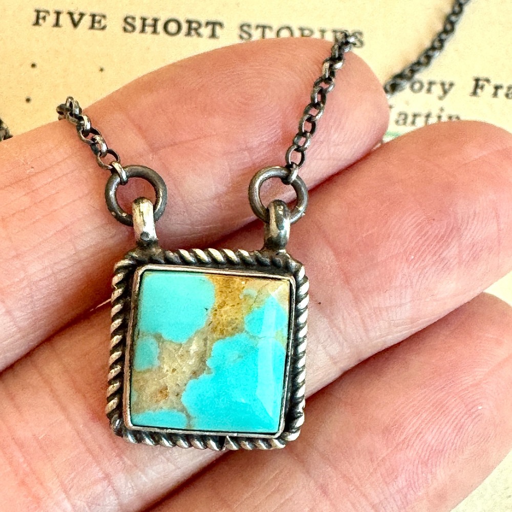 Navajo Turquoise Bar Necklace 16" Signed Dixon #8 Mine Sterling Square Native